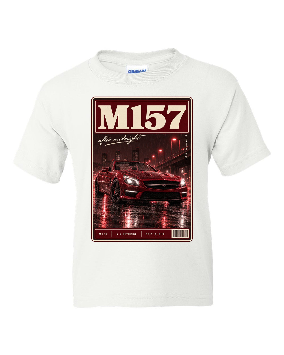 Mercedes-Benz SL63 R231 low front three-quarter night street scene in red monochrome white kids tee front view with the design
