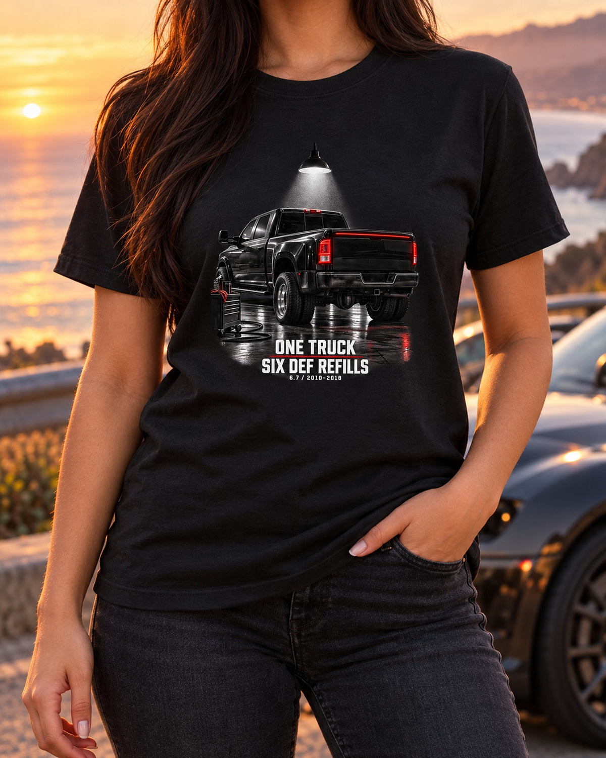 Ram 3500 4th Gen Dually Garage Night Tee, Six DEF Refills T-Shirt Black worn hero