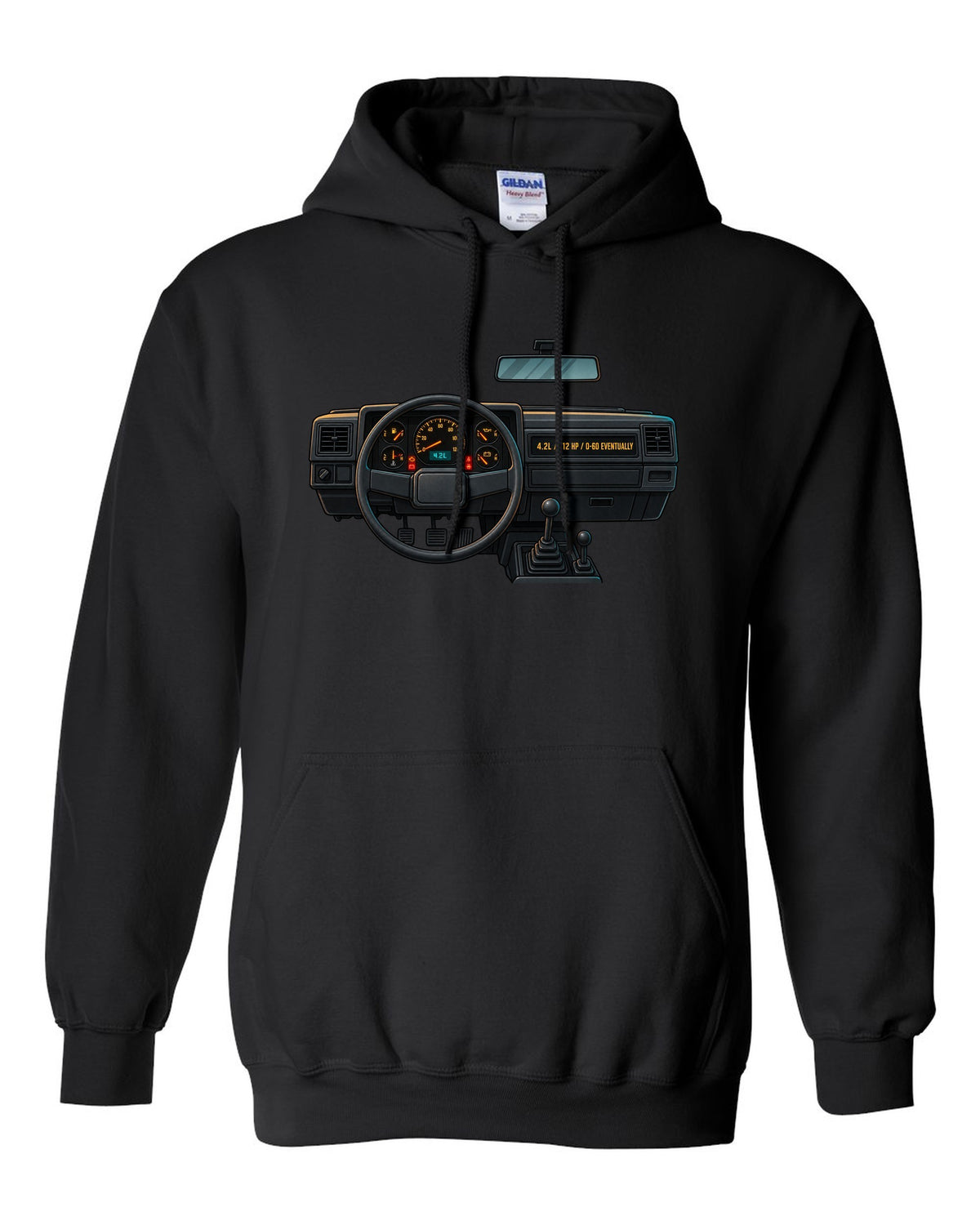 Gauge-cluster HUD print of a Jeep Wrangler YJ with 4.2L and 112 HP text black pull over hoodie front view with the design