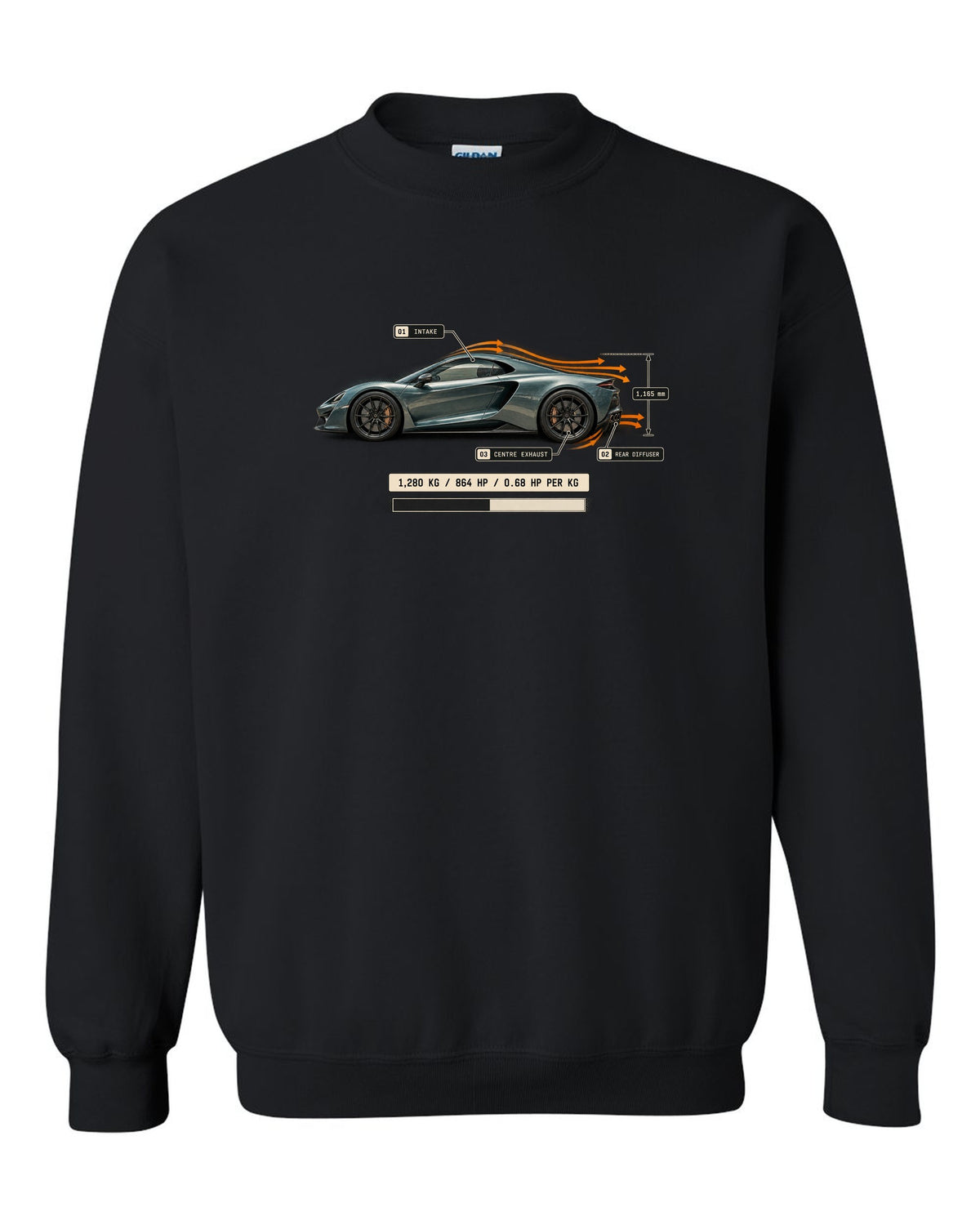 Airflow callout print of the Pagani Utopia with the text 1,280 kg, 864 hp, 0.68 hp per kg black crewneck front view with the design