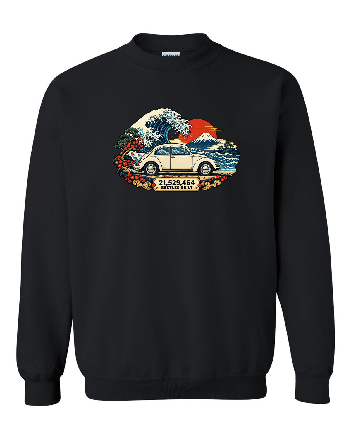 Ukiyo-e woodblock wave print of a VW Beetle Type 1 with 21,529,464 Beetles built text black crewneck front view with the design