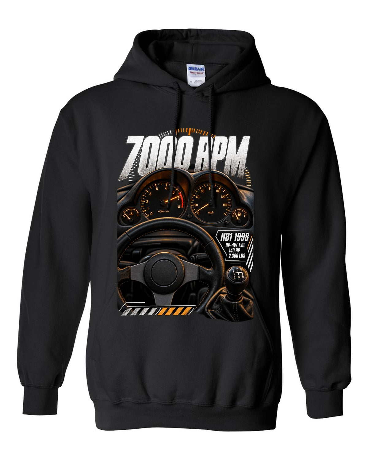 Cockpit gauge print for the 1998 Mazda MX-5 NB1 with 7000 rpm, BP-4W 1.8L and 140 HP black pull over hoodie front view with the design