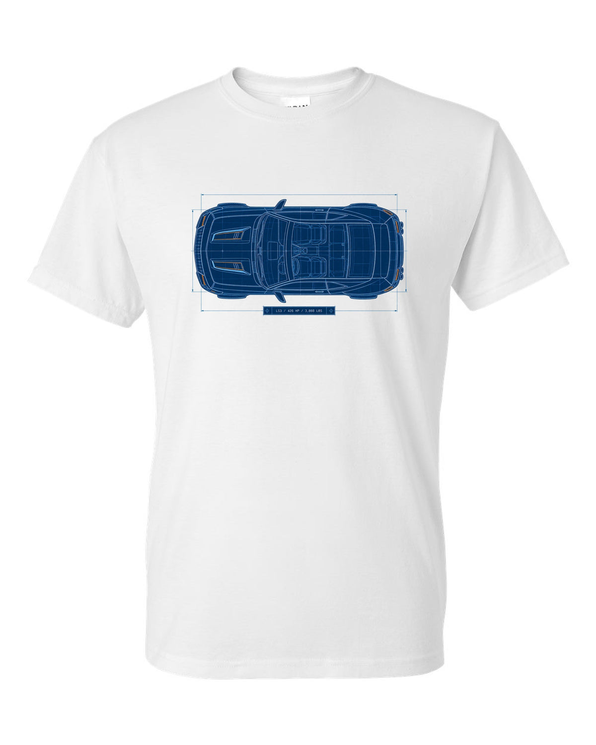 2010 Camaro SS fifth-generation top view blueprint line art with LS3 426 HP 3,860 lbs text white t-shirt front view with the design