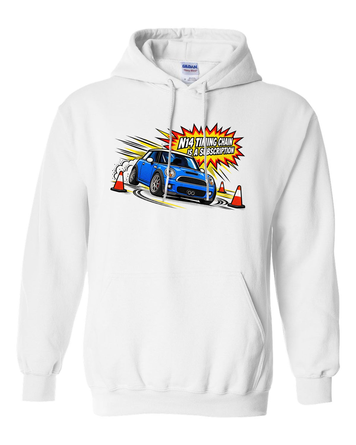 Comic halftone pop-art Mini Cooper S R56 with N14 timing chain joke white pull over hoodie front view with the design