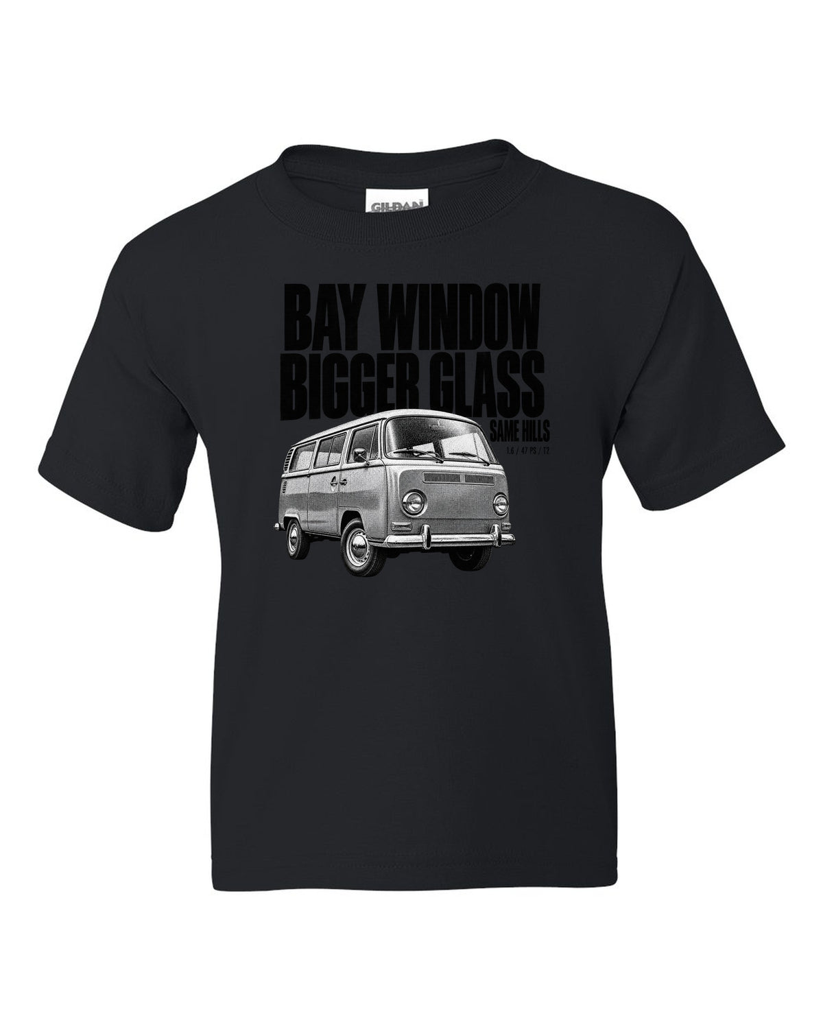 Halftone print of a VW T2 Bay Window bus front three-quarter with bigger glass same hills text black kids tee front view with the design