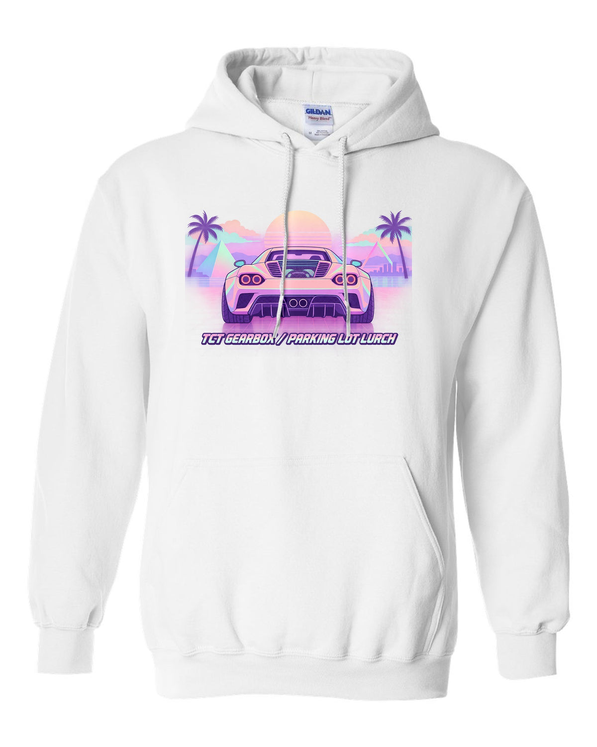Vaporwave pastel illustration of an Alfa Romeo 4C with TCT gearbox parking lot lurch text white pull over hoodie front view with the design