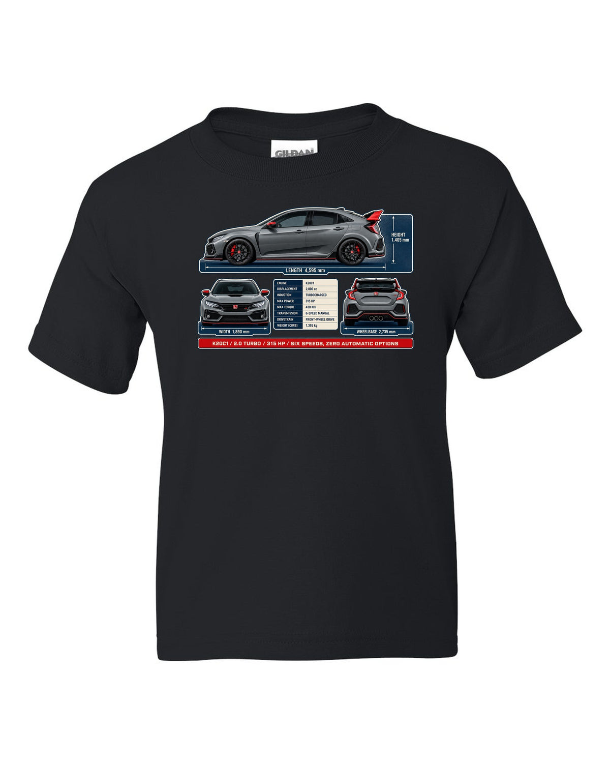 print dimension blueprint of a Honda Civic Type R FL5 in warm grey black kids tee front view with the design