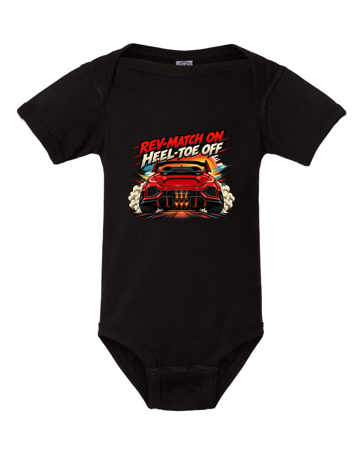 Halftone comic style Honda Civic Type R FK8 print with rev-match joke black baby onesie front view with the design