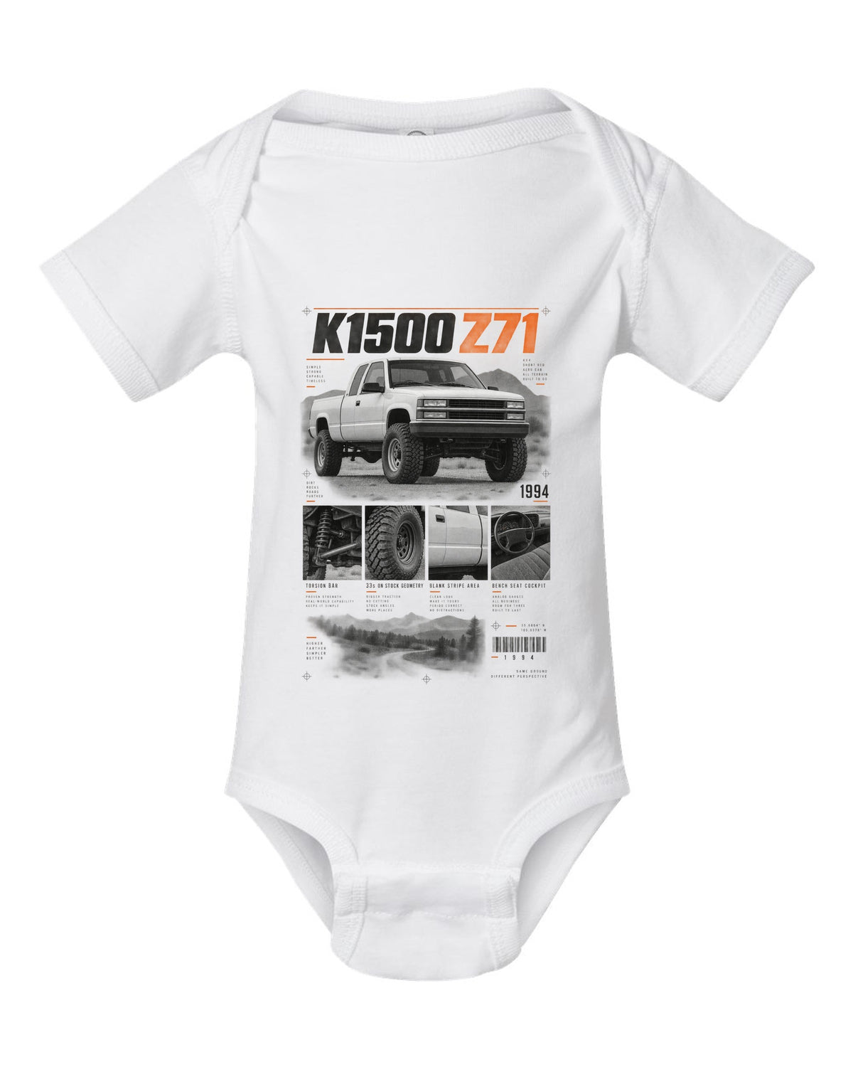 GMT400 K1500 Z71 OBS dossier panel print white baby onesie front view with the design
