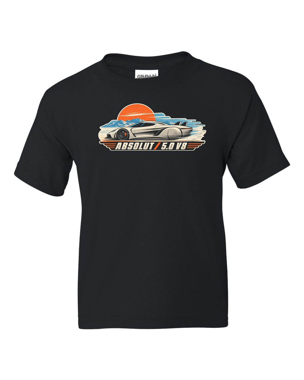 Vintage race poster illustration of the Koenigsegg Jesko Absolut with ABSOLUT 5.0 V8 lettering black kids tee front view with the design
