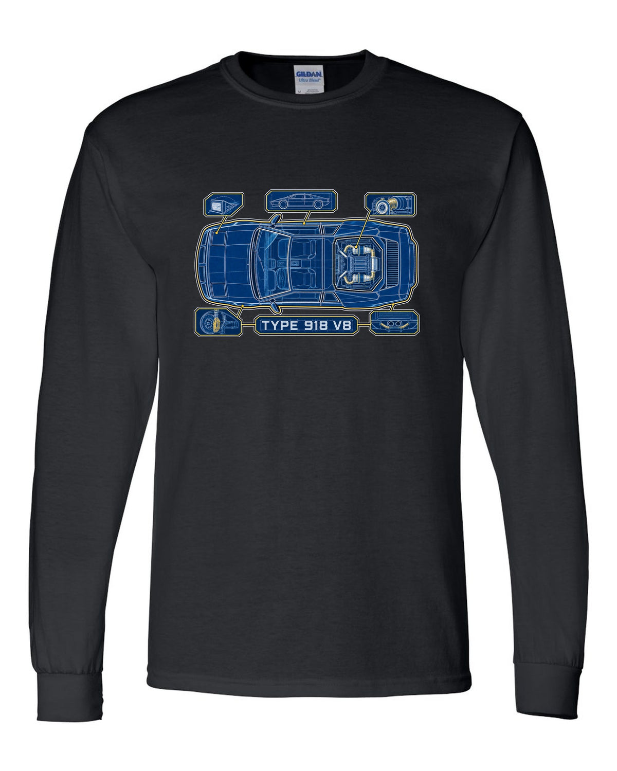 Lotus Esprit V8 cyanotype blueprint with TYPE 918 V8 lettering black long sleeve front view with the design