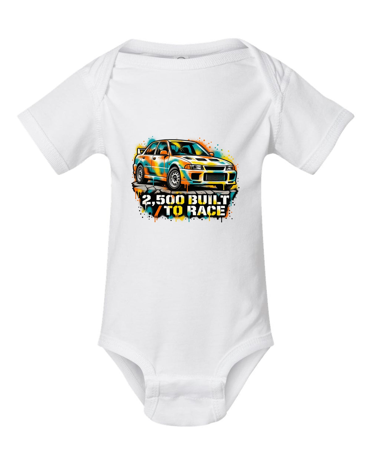 Spray-paint stencil of a Mitsubishi Lancer Evolution I CD9A with 2,500 built text white baby onesie front view with the design