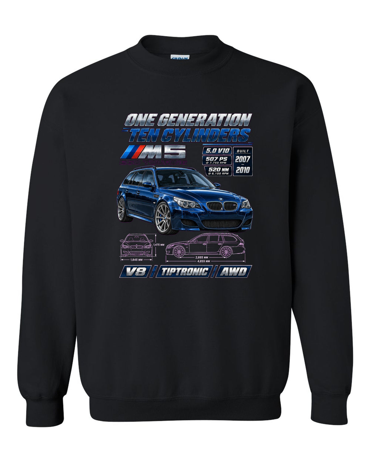 BMW M5 E60 V10 saloon spec poster print black crewneck front view with the design