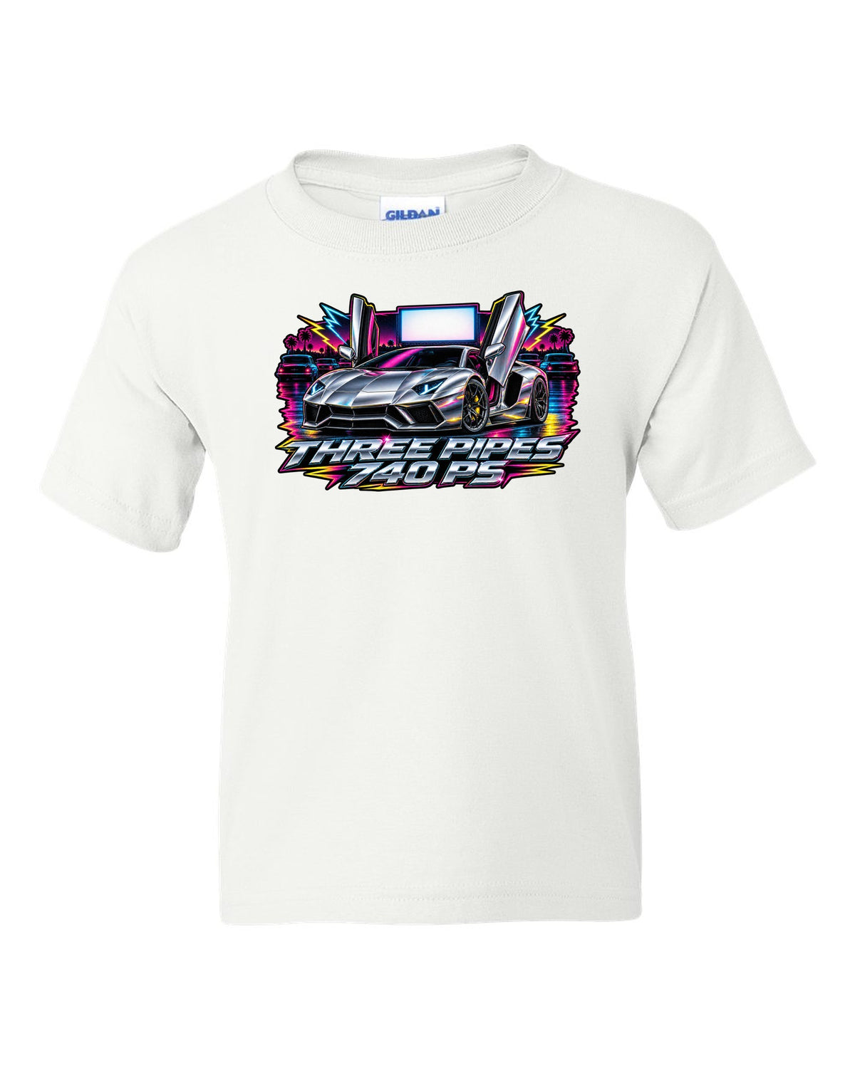 80s airbrush chrome Lamborghini Aventador S LP740-4 with the text THREE PIPES / 740 PS white kids tee front view with the design