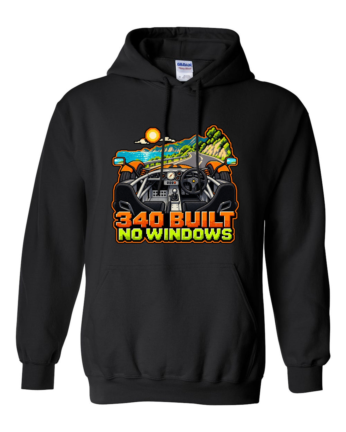 Lotus Elise 340R in 8/16-bit pixel art with 340 BUILT and NO WINDOWS lettering black pull over hoodie front view with the design