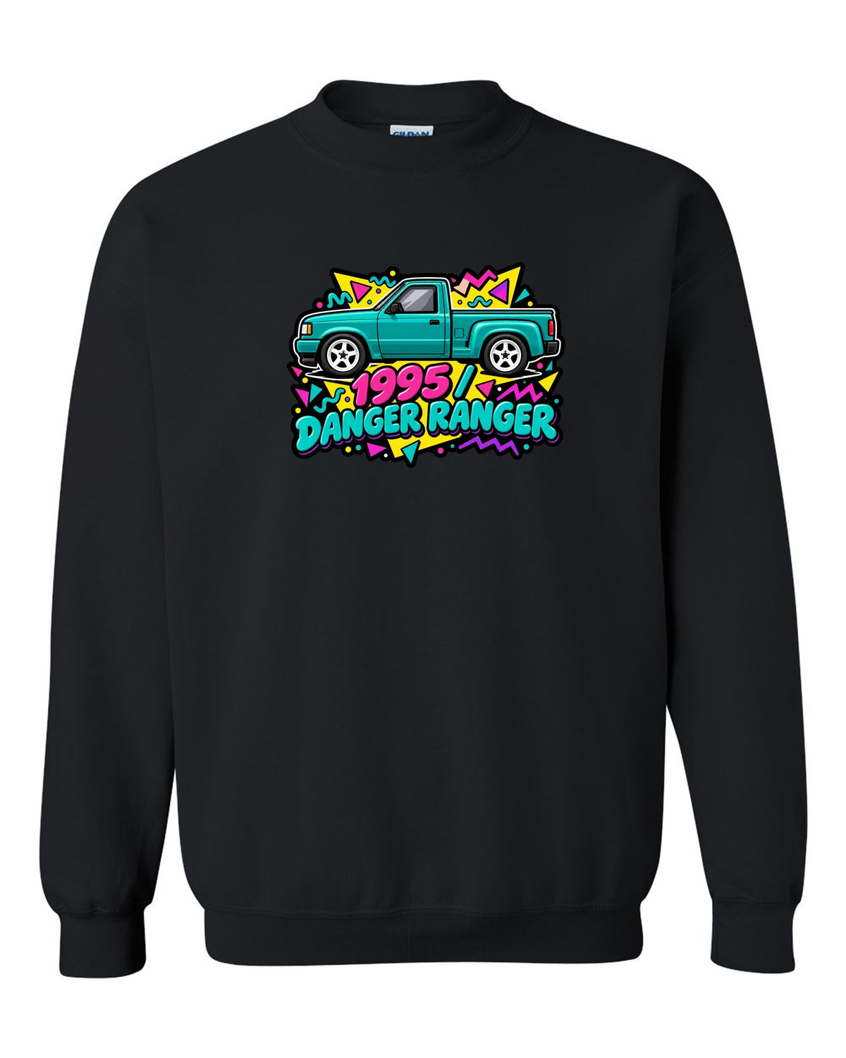 Ford Ranger 1995 stepside in a 90s Memphis sticker pack print black crewneck front view with the design