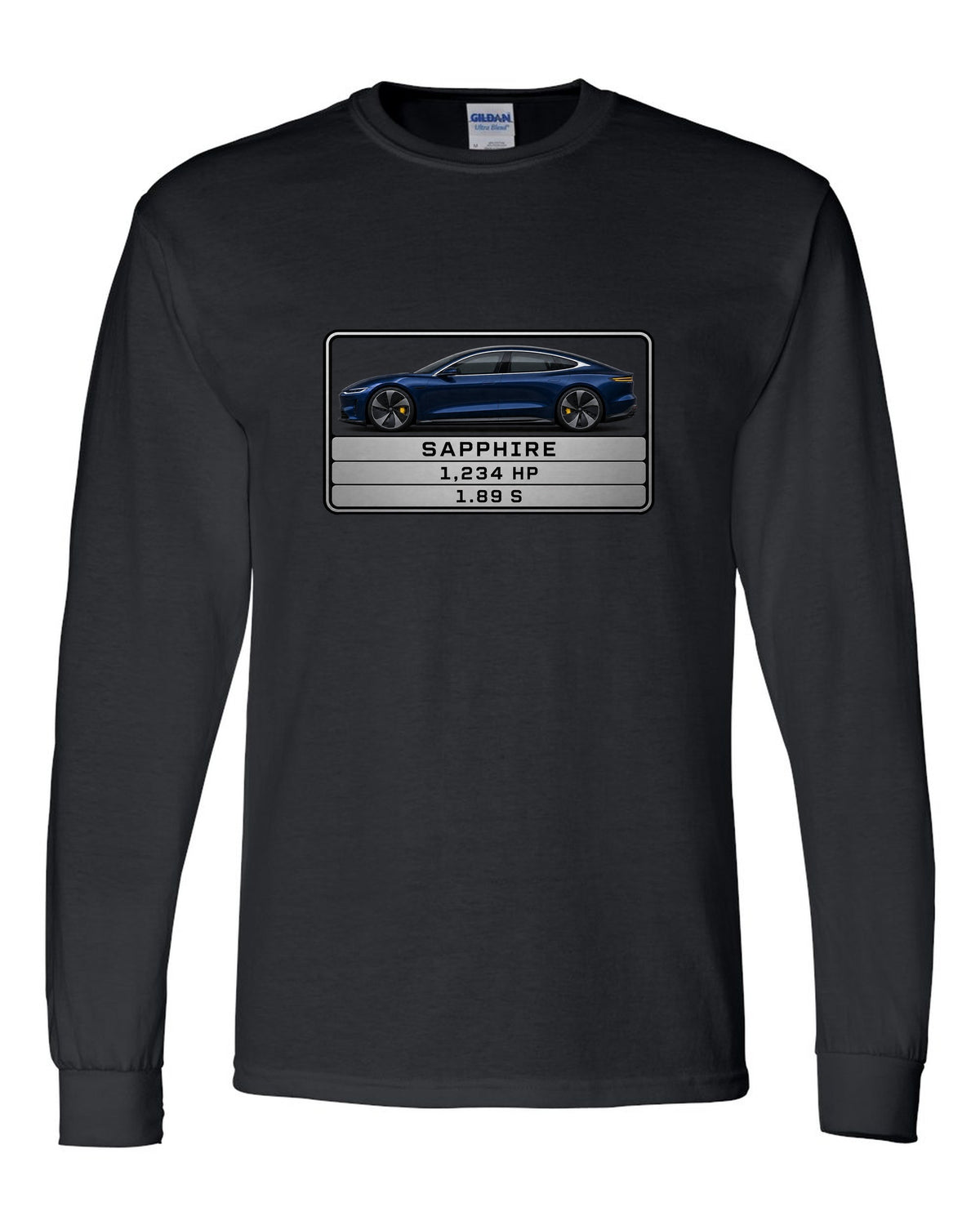 Lucid Air Sapphire monospaced spec data plate print with the text Sapphire 1,234 hp 1.89 s black long sleeve front view with the design