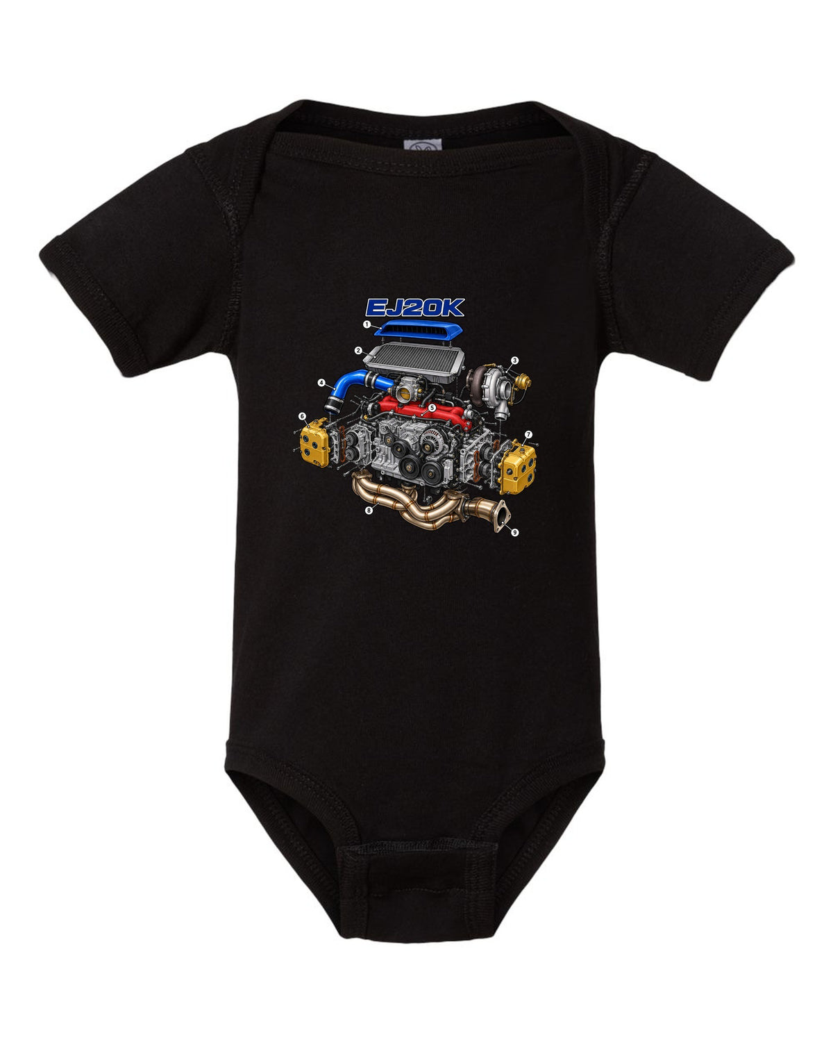 Subaru Impreza WRX GC8 EJ20K boxer engine in an exploded cutaway diagram black baby onesie front view with the design