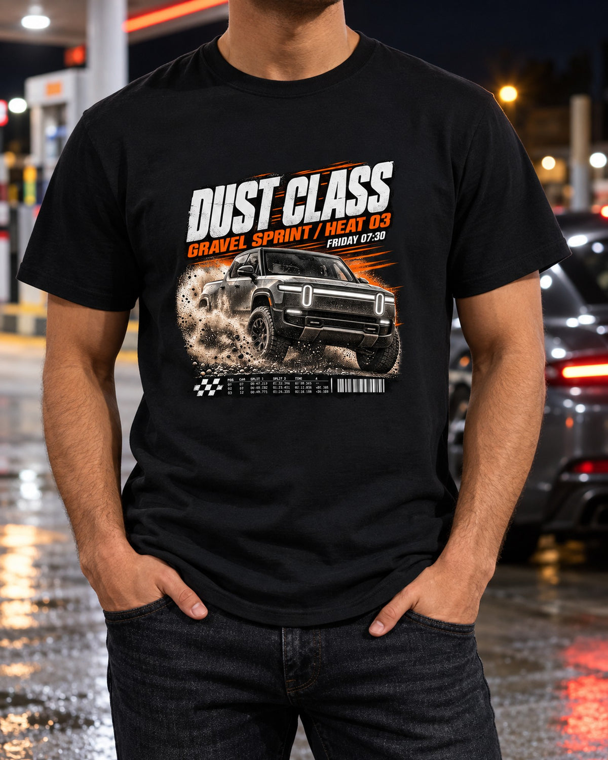 Rivian R1T Gen 2 Dust Class Gravel Sprint Race Poster Tee T-Shirt Black worn hero