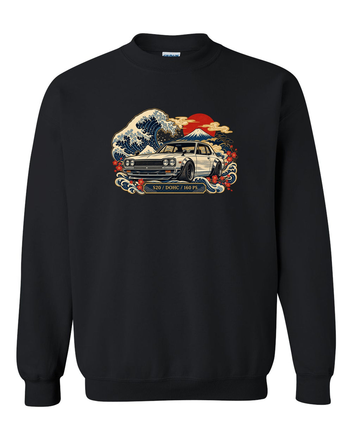 Ukiyo-e woodblock wave print of the Skyline 2000GT-R Hakosuka KPGC10 with S20 DOHC 160 PS lettering black crewneck front view with the design