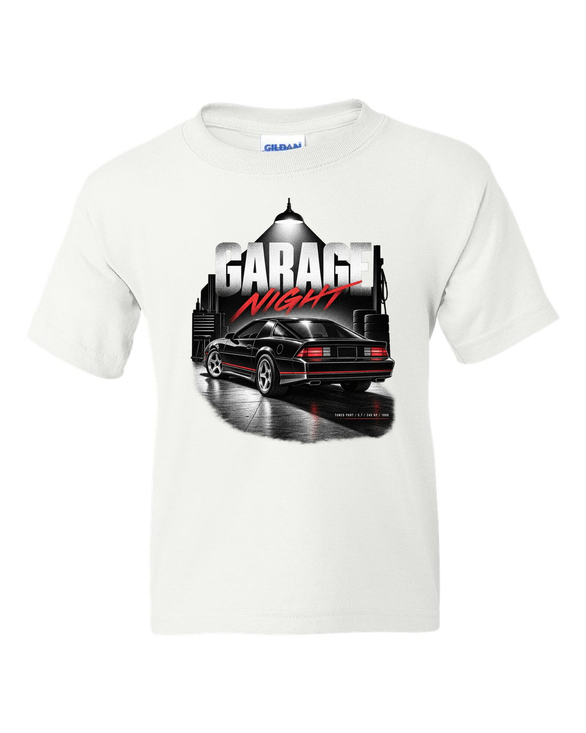Garage-night print of a 1990 Chevrolet Camaro IROC-Z with tuned port 5.7 245 hp text white kids tee front view with the design