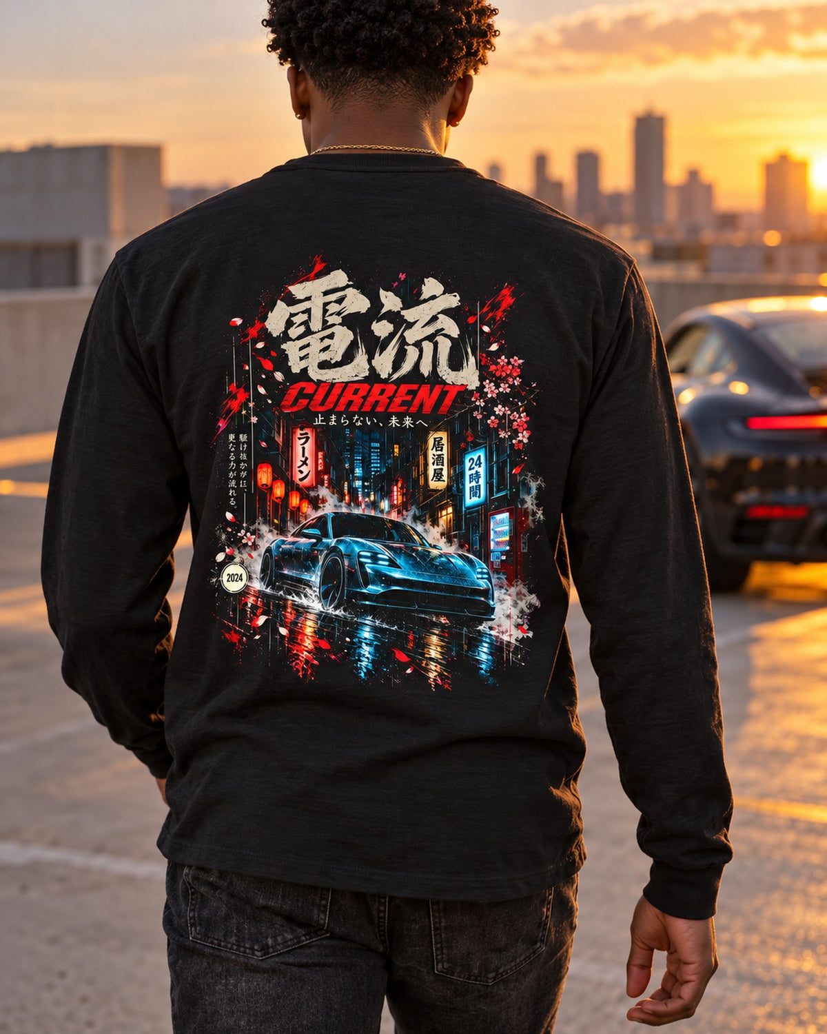 Porsche Taycan Turbo S Current Shirt, Hoodie & More Long Sleeve Black worn hero