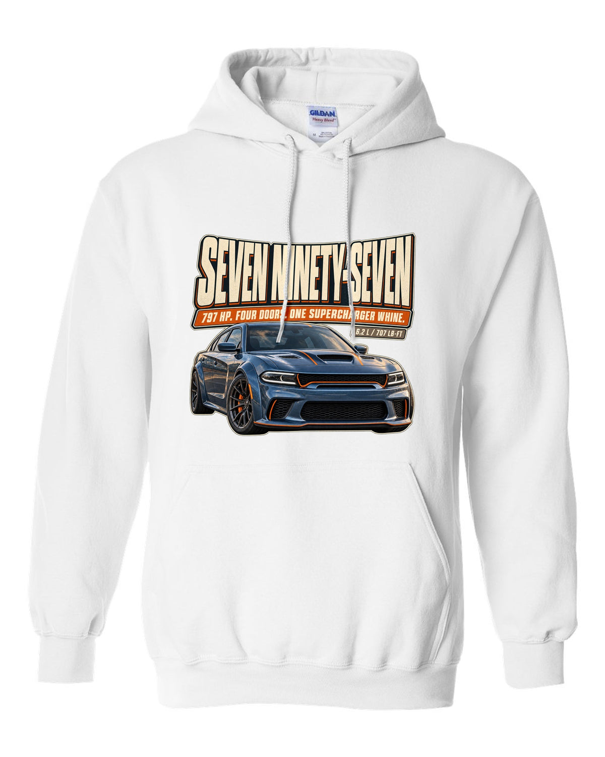 Dodge Charger SRT Hellcat Redeye Widebody editorial headline print white pull over hoodie front view with the design