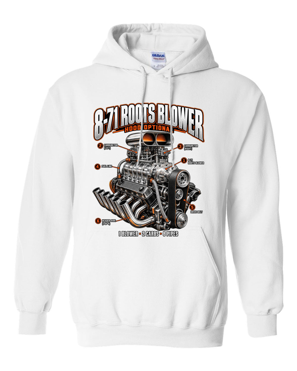 Engine callout print of a blown small-block V8 with 8-71 Roots blower white pull over hoodie front view with the design