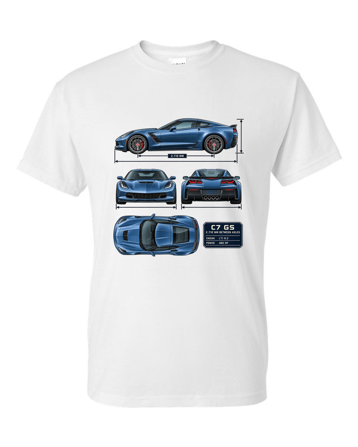 print of a Chevrolet Corvette C7 Grand Sport dimension blueprint with 2,710 mm wheelbase white t-shirt front view with the design