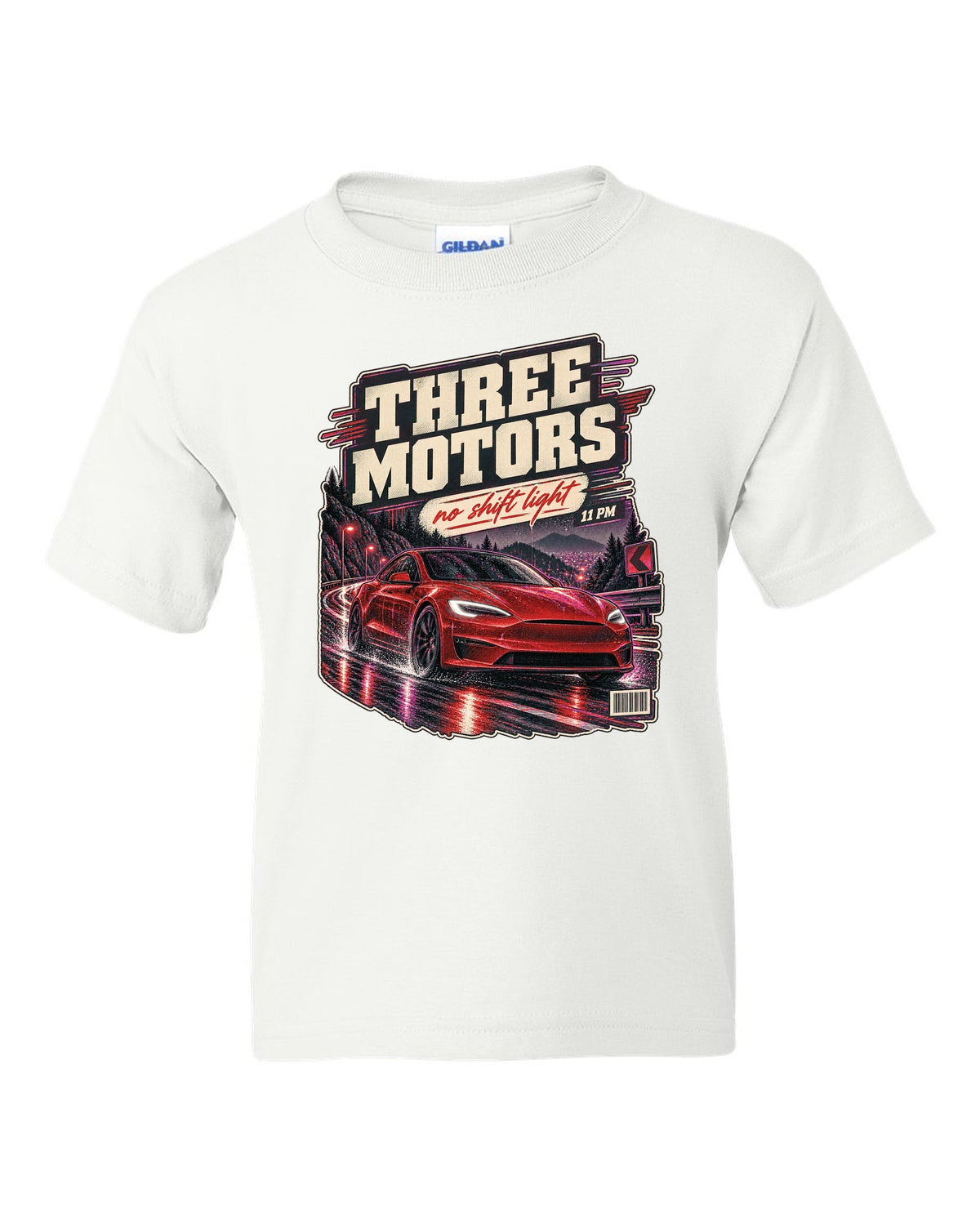 Night street print of a Tesla Model S Plaid on a wet road white kids tee front view with the design