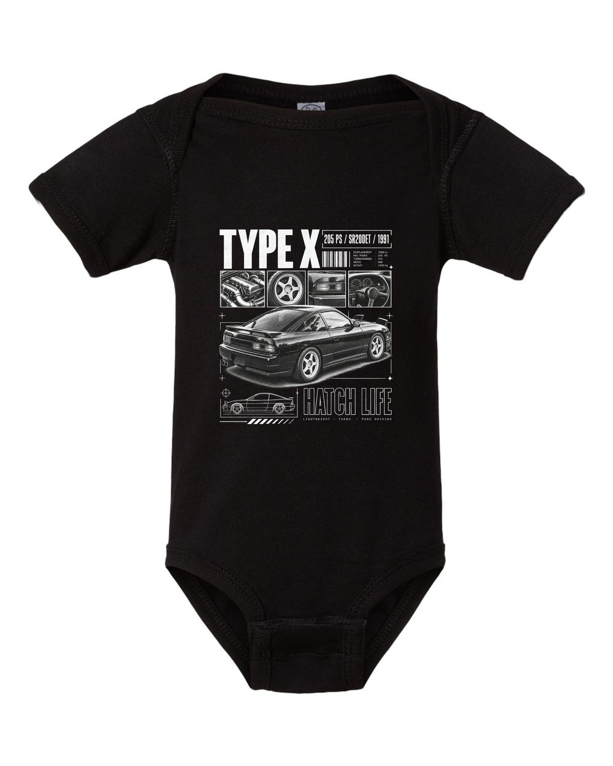Dossier panels of a Nissan 180SX Type X with 205 PS, SR20DET and 1991 lettering black baby onesie front view with the design