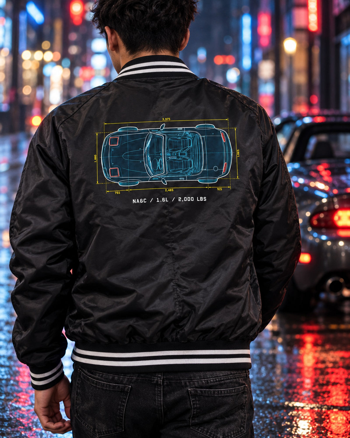 Mazda MX-5 NA6C 1.6L Blueprint Shirt, 2,000 LBS Miata Tee Bomber Jacket Black worn hero