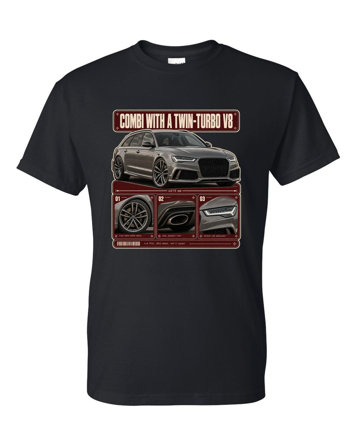 Audi RS6 Avant C7 warm grey dossier panels print black t-shirt front view with the design