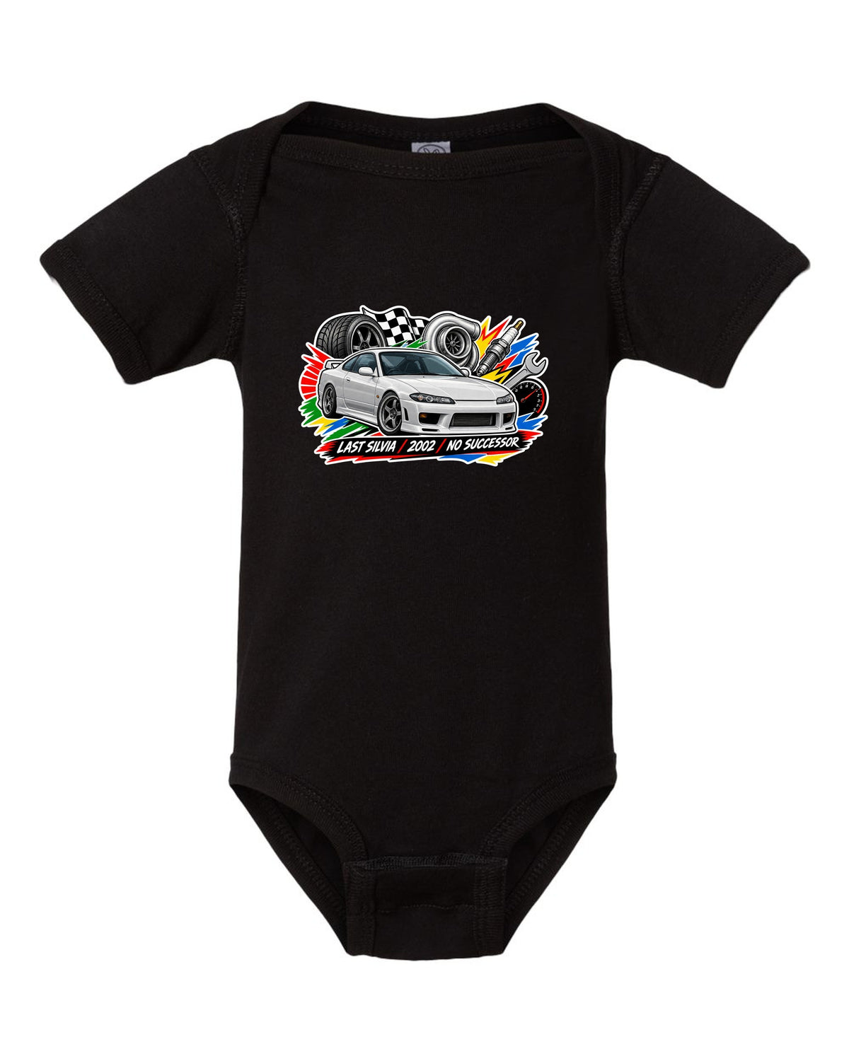 Sticker-bomb collage print for the Nissan Silvia S15 with last Silvia 2002 no successor lettering black baby onesie front view with the design