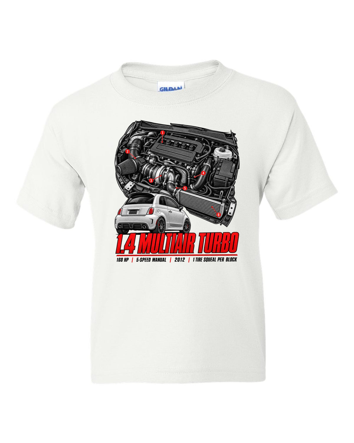 Fiat 500 Abarth engine bay hero poster with 1.4 MultiAir turbo figures white kids tee front view with the design