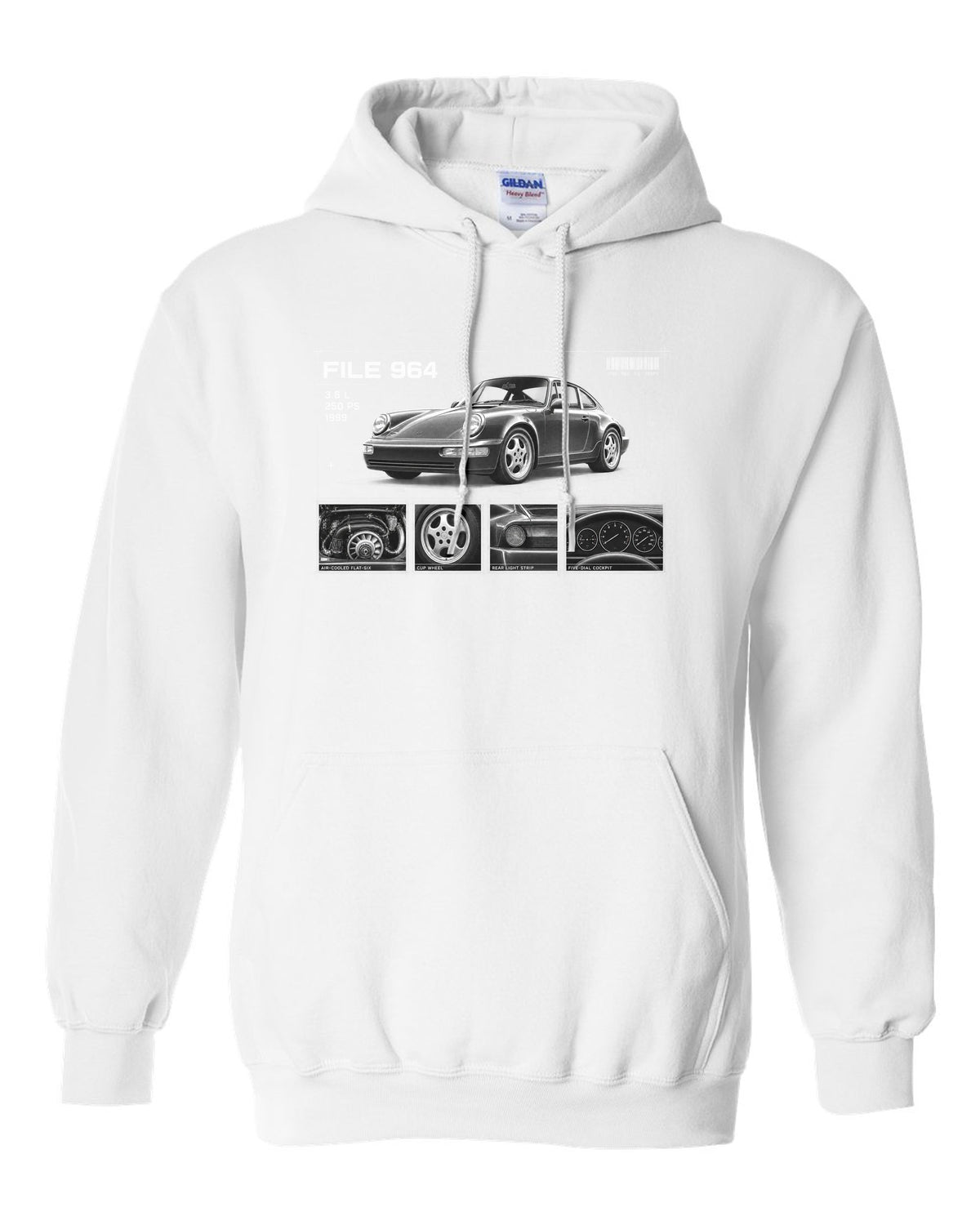 Dossier panel print of a Porsche 911 964 Carrera 2 with File 964 3.6 L 250 PS lettering white pull over hoodie front view with the design
