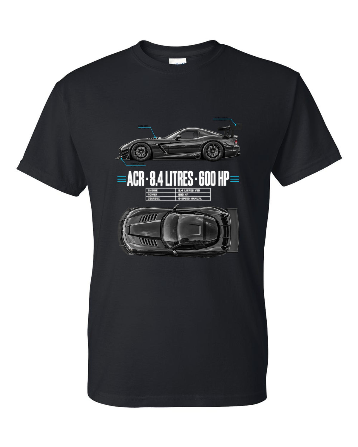 2008 Dodge Viper ACR ZB II top-down and profile spec poster print black t-shirt front view with the design