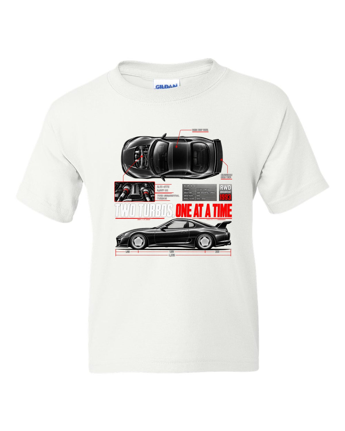 Spec poster print of a Toyota Supra A80 JZA80 with 2JZ-GTE lettering white kids tee front view with the design
