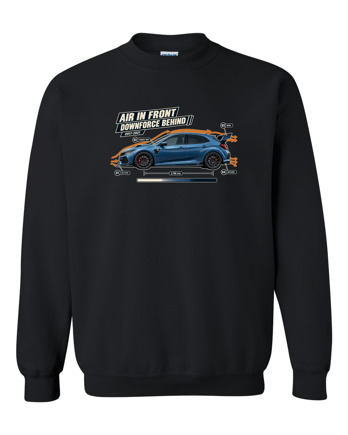 print aero callout drawing of a Boost Blue Honda Civic Type R FK8 black crewneck front view with the design