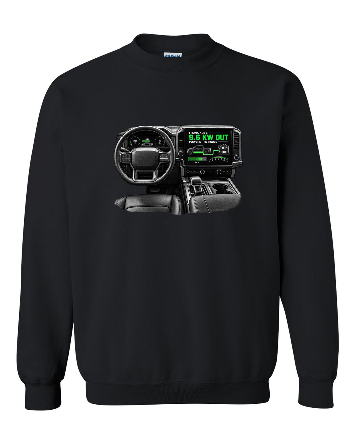 Ford F-150 Lightning 2022 interior centre screen crop with frunk readout black crewneck front view with the design