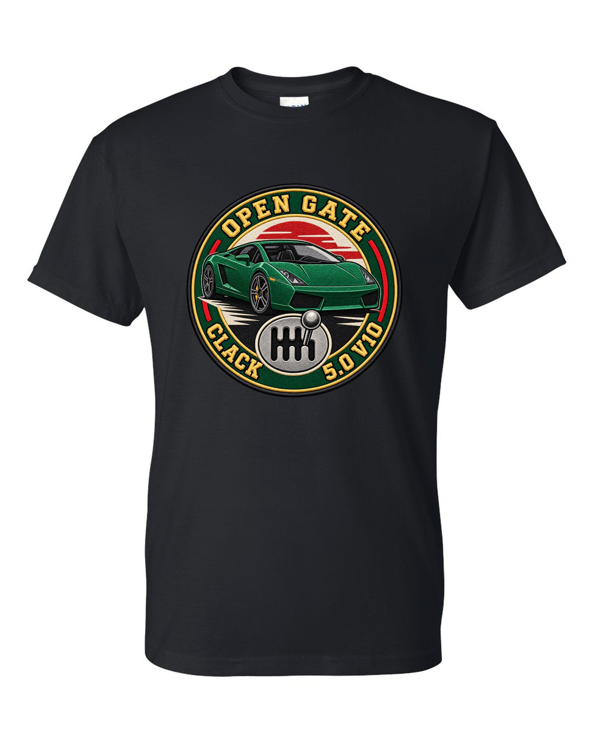 Embroidery-style crest of a Lamborghini Gallardo open-gate six-speed manual with V10 text black t-shirt front view with the design