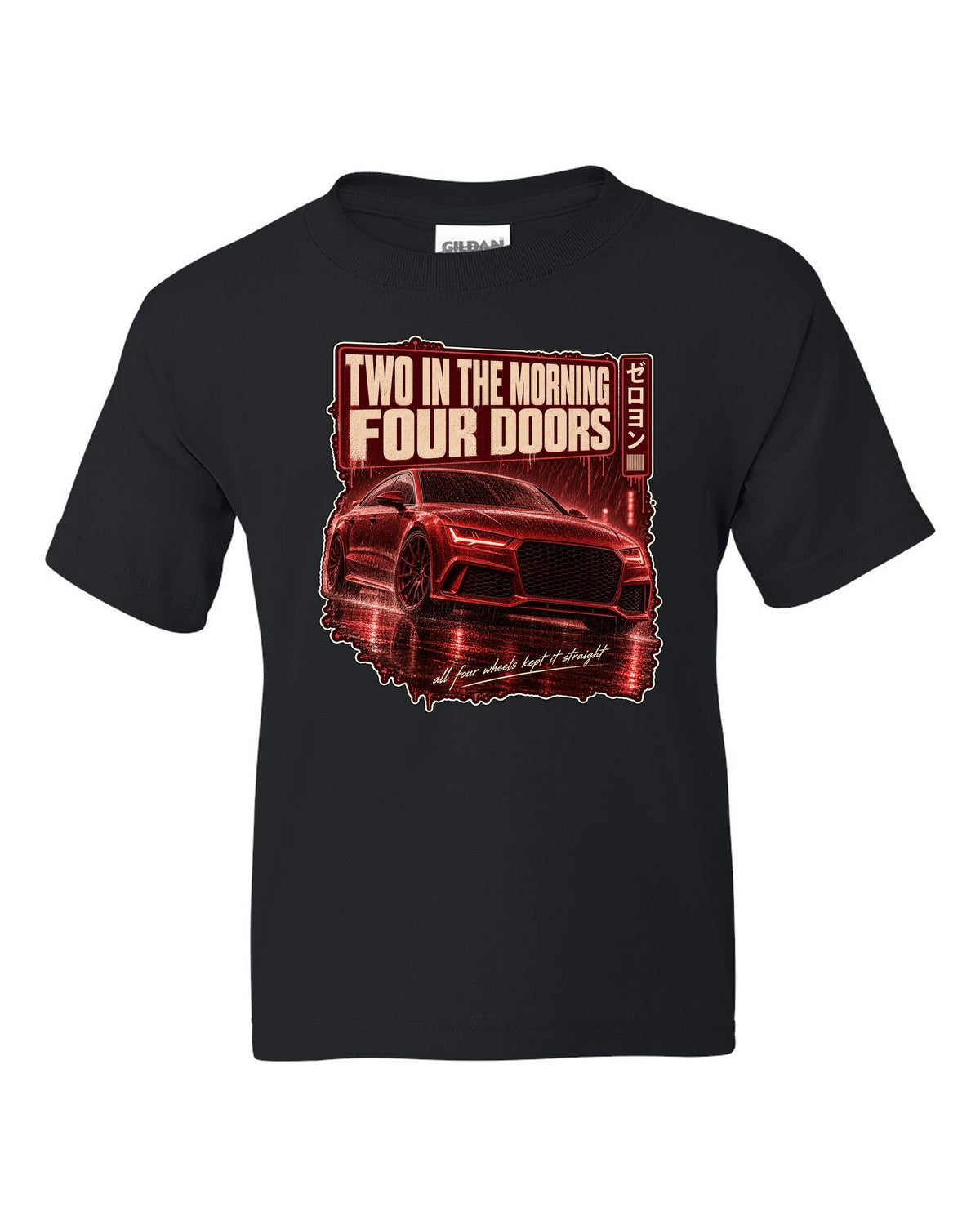 Audi RS7 Sportback C7 on a rainy night street print black kids tee front view with the design