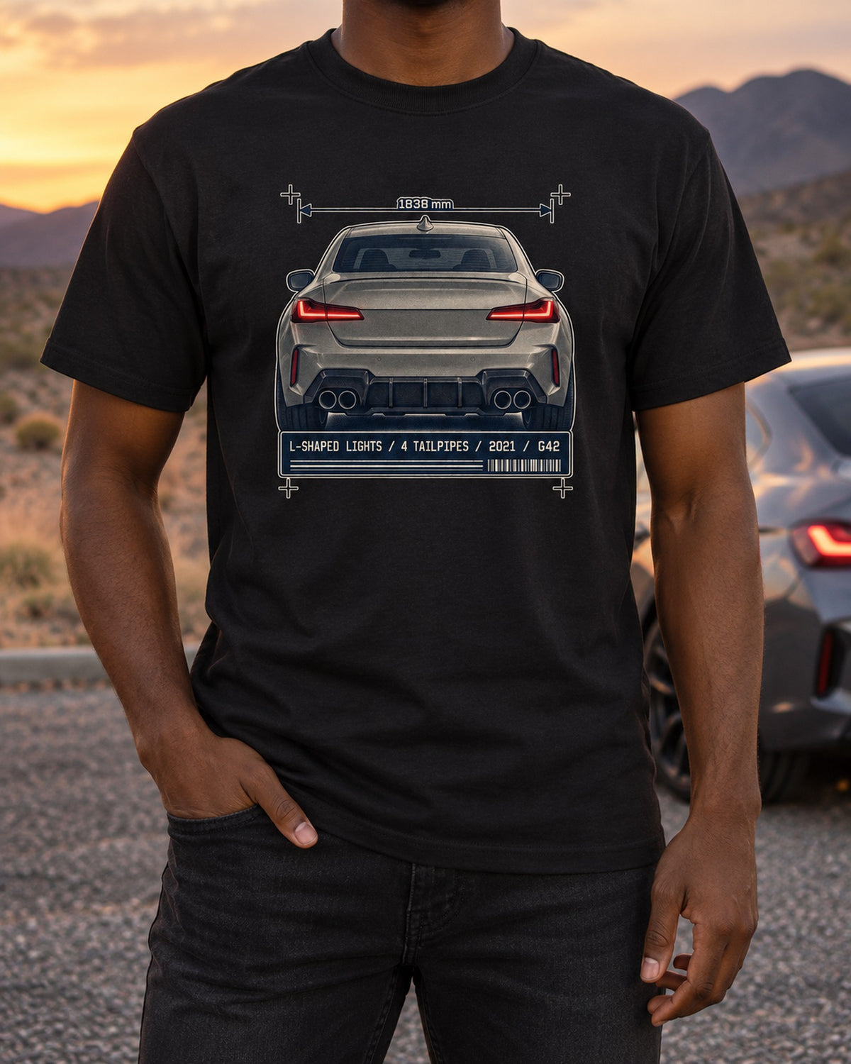 BMW M240i G42 Taillight Macro Shirt, 4 Tailpipes T-Shirt Black worn hero