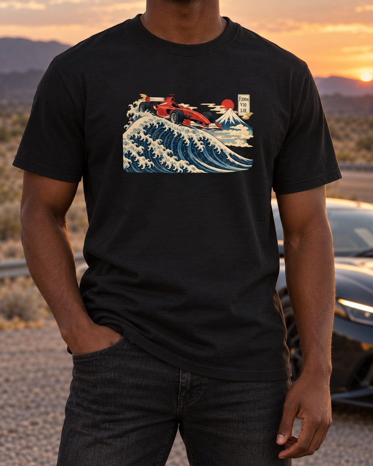 Ferrari F2004 Woodblock Wave Shirt, V10 Formula 1 Art T-Shirt Black worn hero