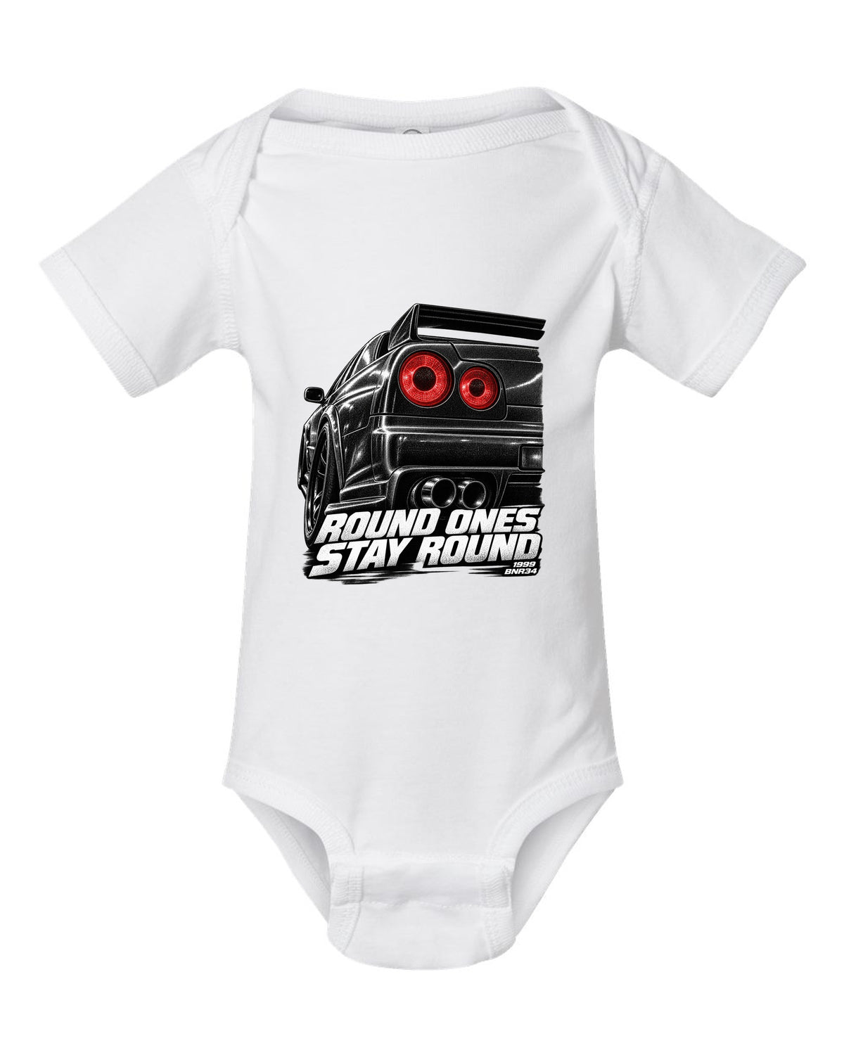 Macro print of the round taillights on a Nissan Skyline GT-R R34 BNR34 white baby onesie front view with the design