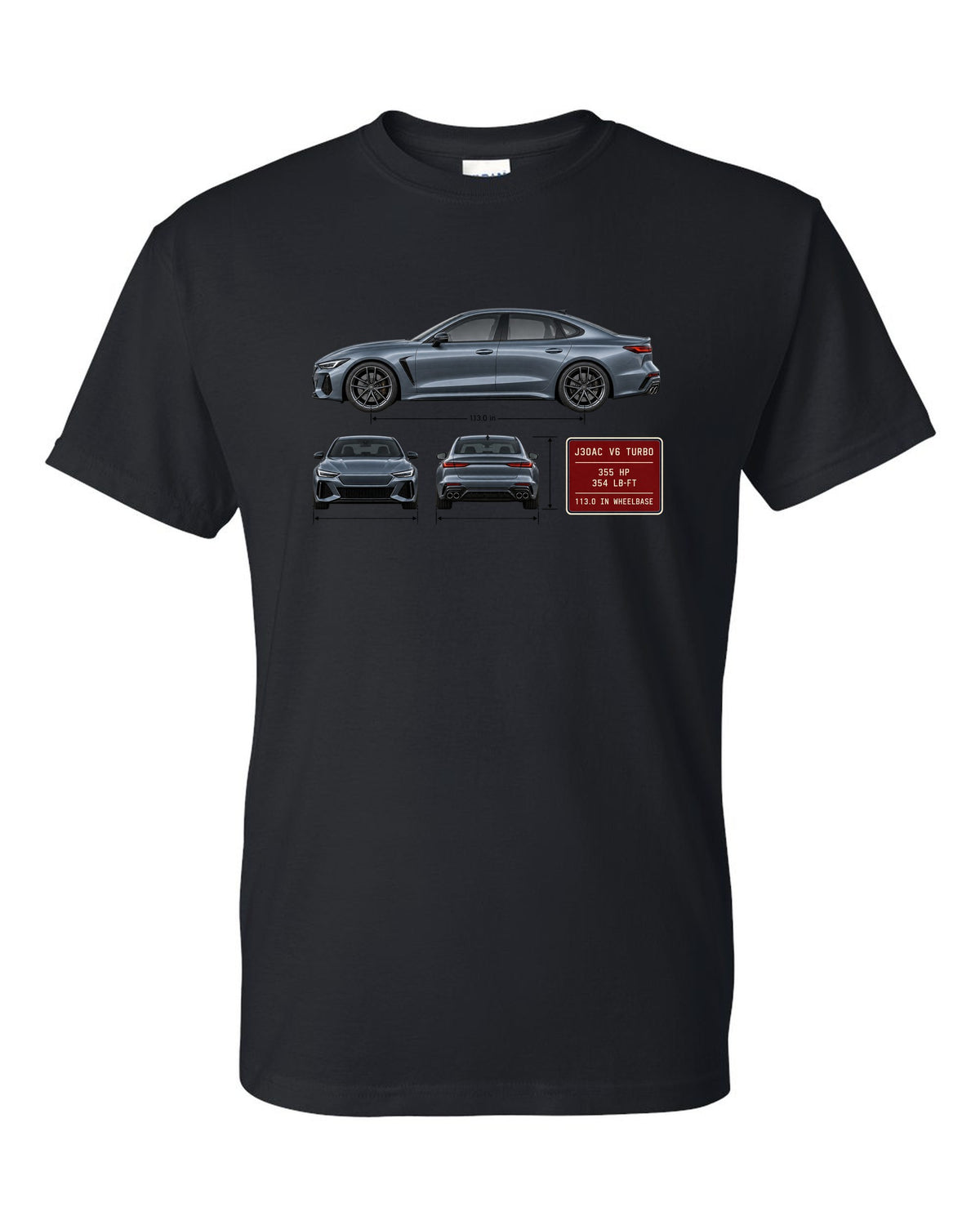 Acura TLX Type S three-view spec table print black t-shirt front view with the design