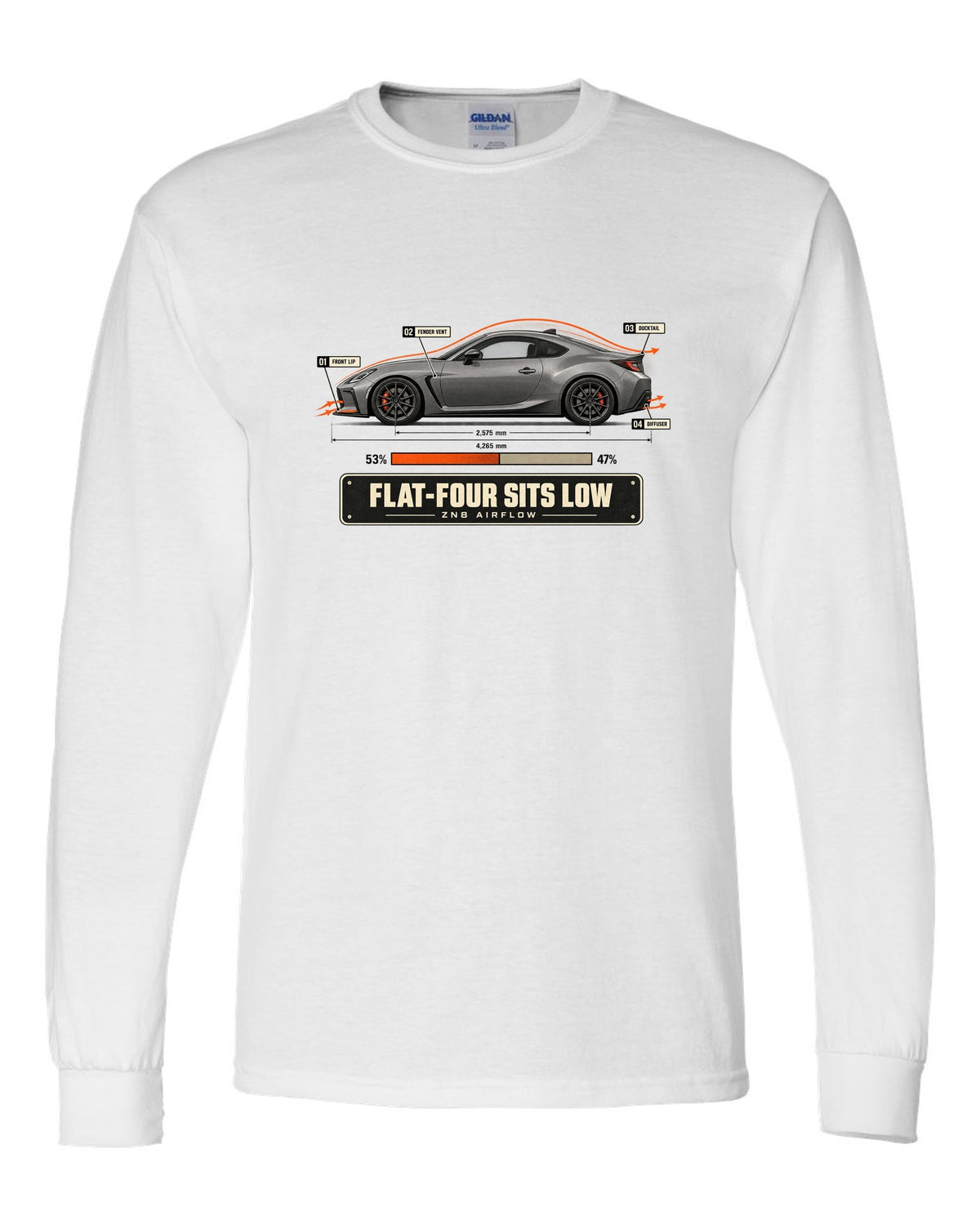 Cutaway-style airflow diagram of a Toyota GR86 ZN8 with callouts, poster-style print white long sleeve front view with the design