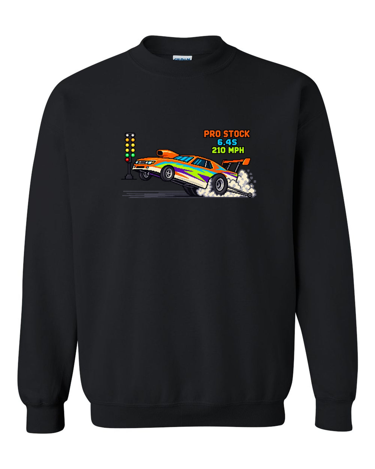 8-bit pixel art Pro Stock drag car launching with 6.4S 210 MPH lettering black crewneck front view with the design