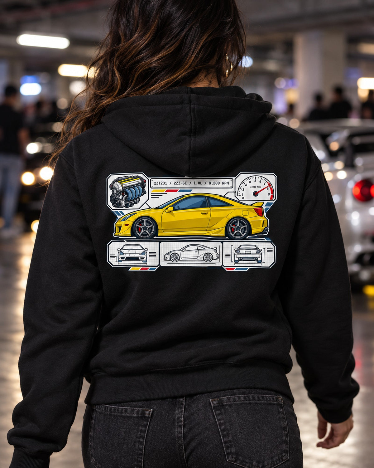 Toyota Celica ZZT231 2ZZ-GE Spec Sheet Data Plate Shirt Zip Hoodie Black worn hero