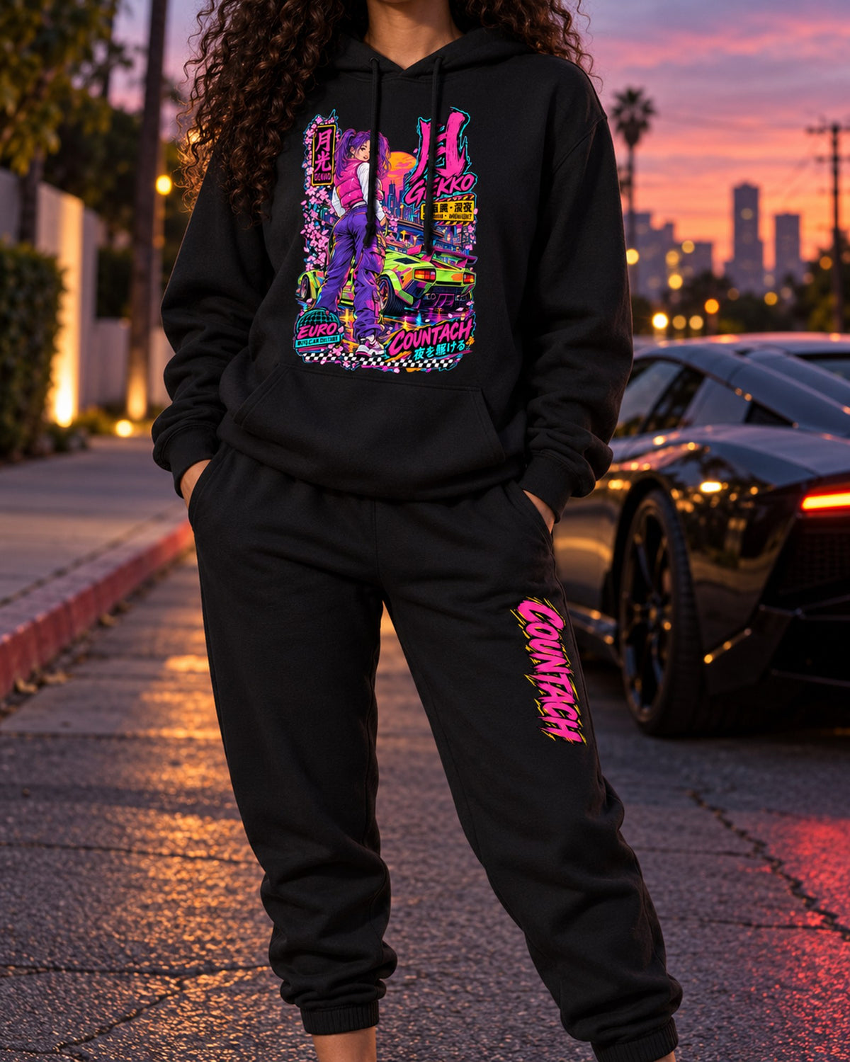 Countach Gekko Anime Girl Poster Hoodie + Jogger Set Black worn hero